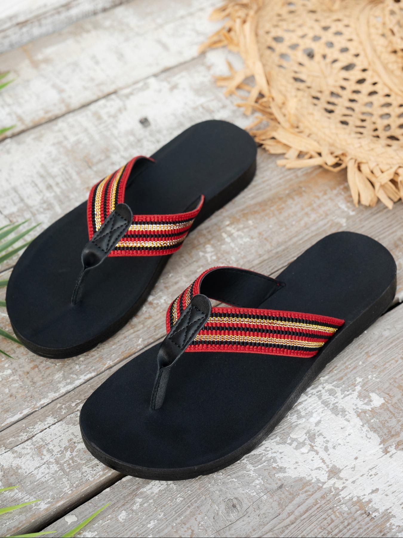 Women's Fashionable Striped Pattern Slip on Lightweight Fashionable Comfy Sandals, Anti Slip Casual Comfortable Flat Casual Trendy for Summer, Non-slip Beach Slippers for Women & Girls, Footwear, Casual Outdoor Sandals, Flip Flops Flats