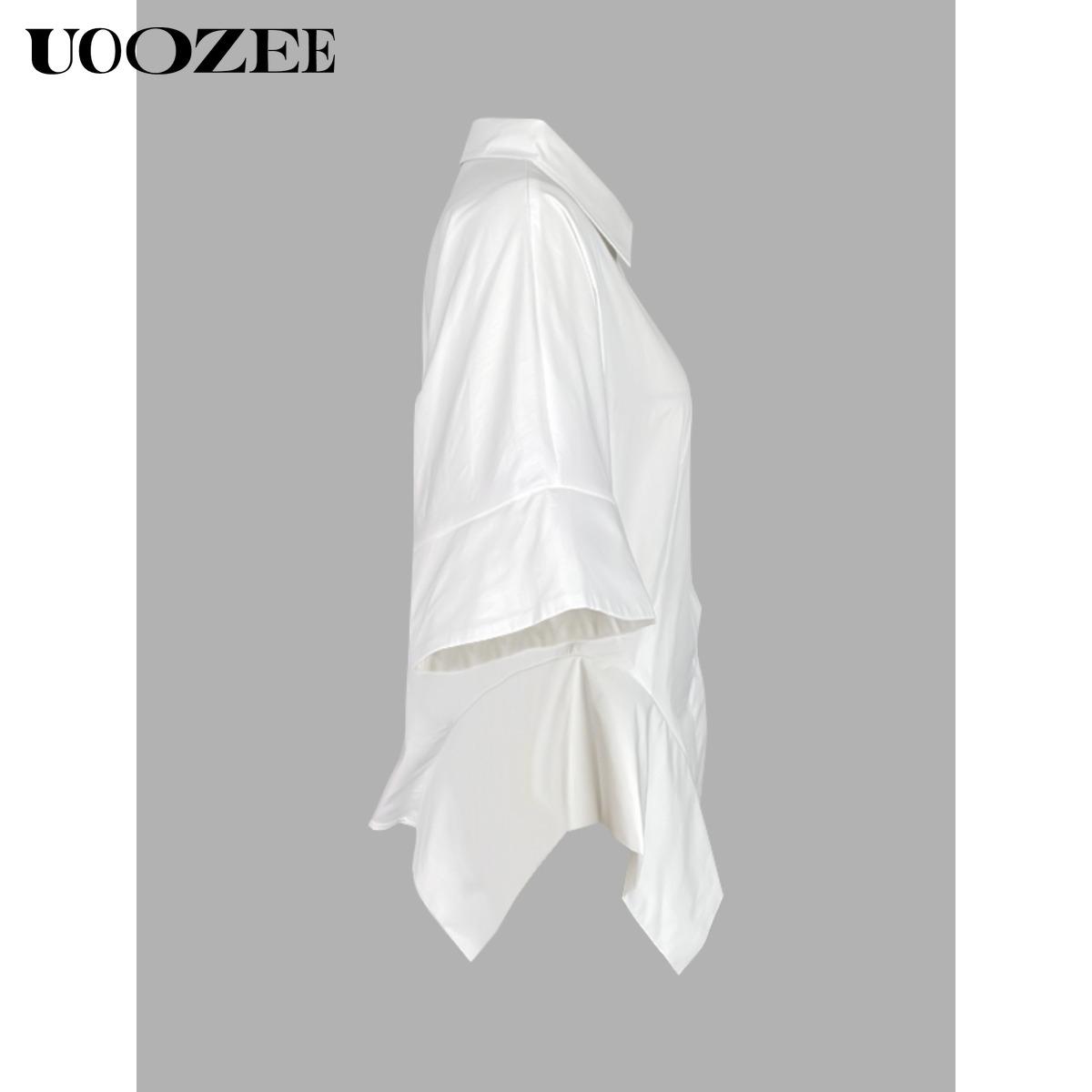 UOOZEE Women's New Summer Solid White 100% Cotton Lapel Collar Half Sleeve Sheer T-shirt, Waisted Irregular Ruffle Hem Loose Fit Buttoned Summer Blouse(One Size Up Recommended for C - Cup and Above) UOOZEE Women's New Summer Solid White 100% Cotton Lapel Collar Half Sleeve Sheer T-shirt, Waisted Irregular Ruffle Hem Loose Fit Buttoned Summer Blouse(One Size Up Recommended for C - Cup and Above)