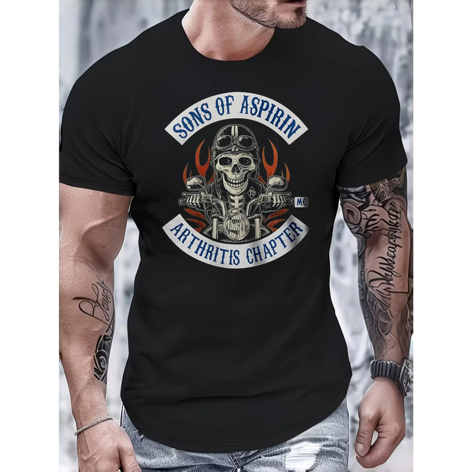 Casual Graphic, Men's T-Shirt, Sons Of Aspirin Arthritis Chapter Skull Motorcycle Design, Summer Daily Wear, Gift For Biker Dad Or Husband