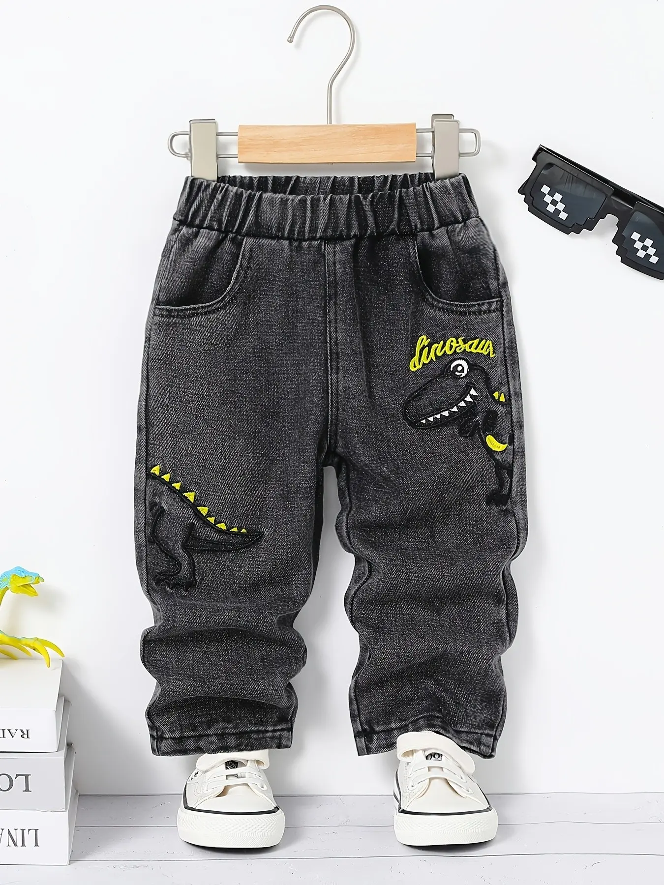 Toddler Boys' Dinosaur Embroidery Jeans, Vintage Washed Elastic Waist, Soft Comfortable Straight Leg Pockets, All-Season Baby Daily Pants