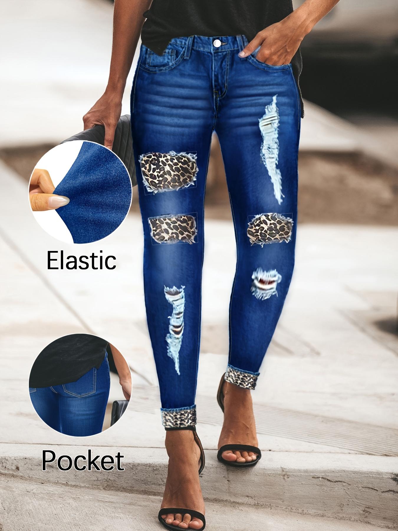 MHZ washed blue leopard print patchwork skinny jeans with multiple holes, buttons, built-in zipper closure, high waist, slim fit, casual and durable, street style, suitable for all seasons, women's plus size jeans