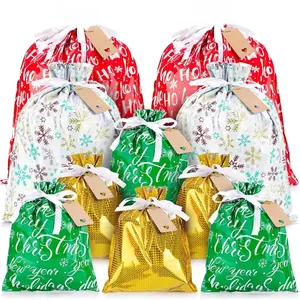 10 PCS Assorted Size (Large Medium Small) Christmas Drawstring Gift Bags with Tags, Bulk Reusable Food-Grade Aluminized Polymer Eco-Friendly Sacks for Holiday Wrapping & Party Favors
