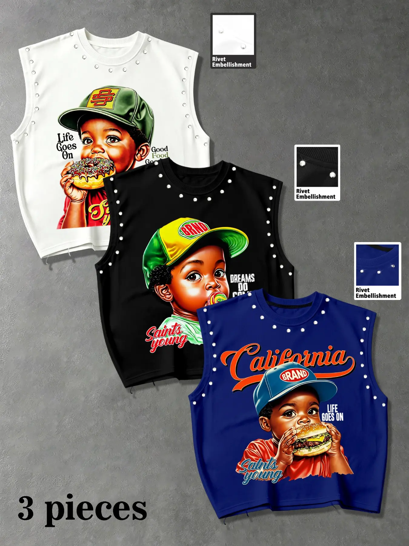 Summer Unisex Casual Vest Set, Fun Print + Rivet Design, Round Neck Loose Fit, Ideal for Gym & Streetwear, Trendy & Comfortable