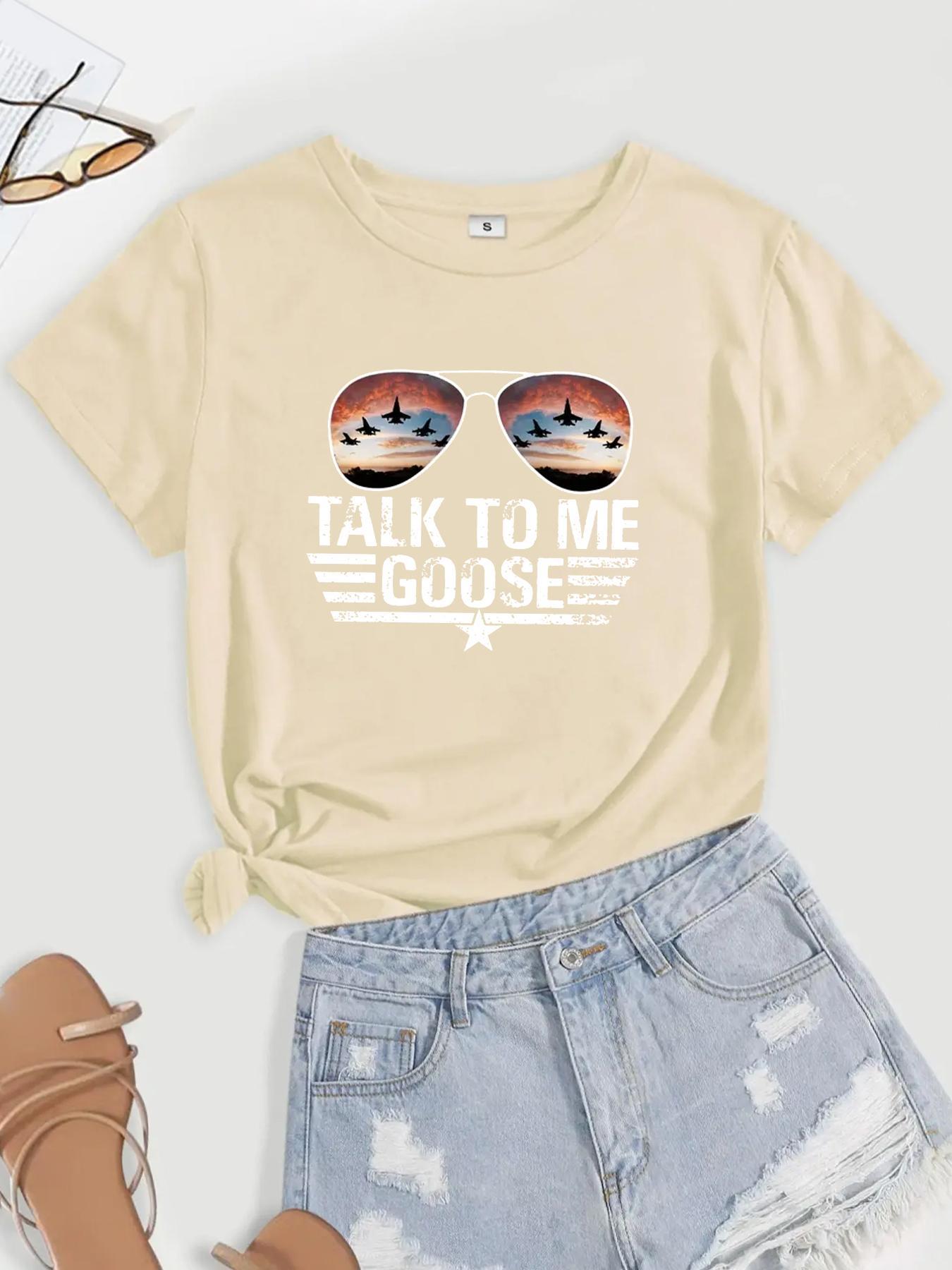 Women's Glasses & Letter Print Round Neck Tee, Short Sleeve Graphic T-shirt For Summer, Women's Top For Daily Wear