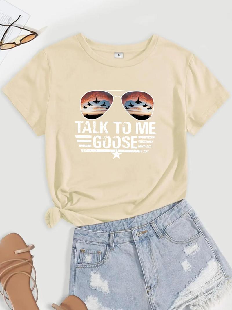 Women's Glasses & Letter Print Round Neck Tee, Short Sleeve Graphic T-shirt For Summer, Women's Top For Daily Wear