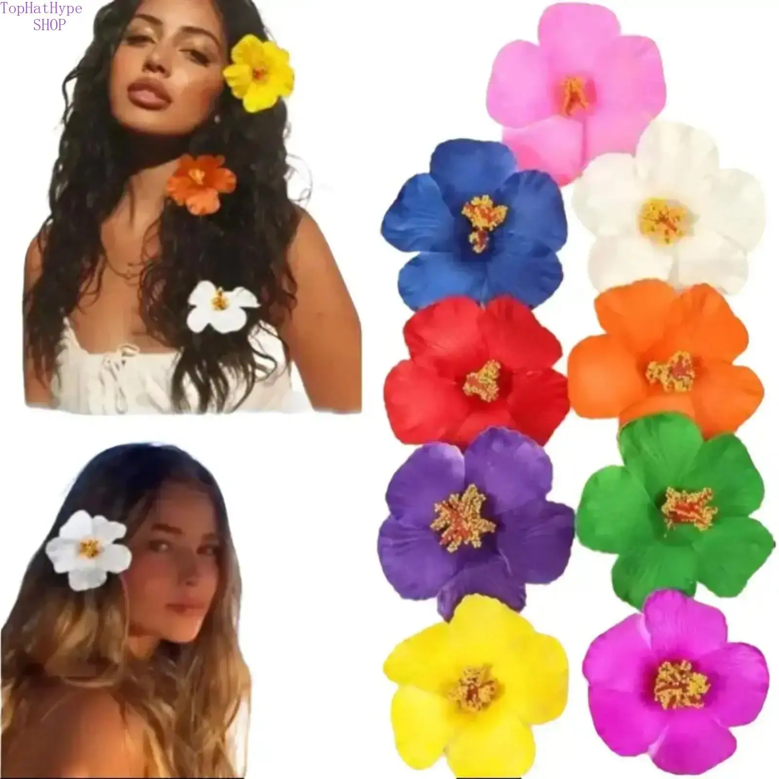 Tropical Boho Hibiscus Flower Hair Clips Set (4/9 Pcs), PVC Decorative Hairpins with Gem Accents - Lightweight, Waterproof Accessory for Summer Beach and Daily Wear, Hibiscus Flower Clip, Unisex, Waterproof Clip