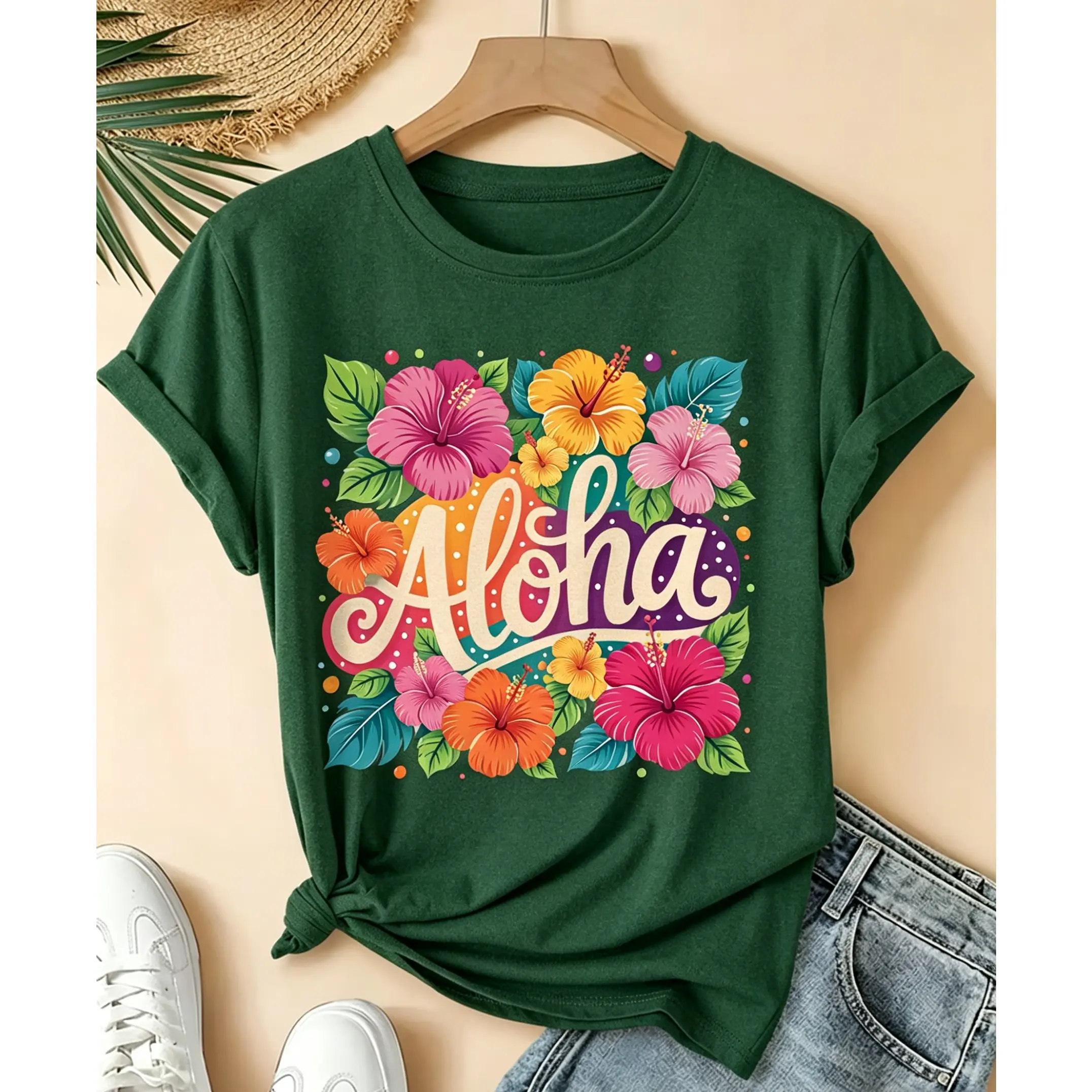 Aloha tropical hibiscus flower colorful print short-sleeve vintage round-neck T-shirt, fresh forest style loose top, 2026 spring-summer elegant party fashion versatile commuter women's clothing