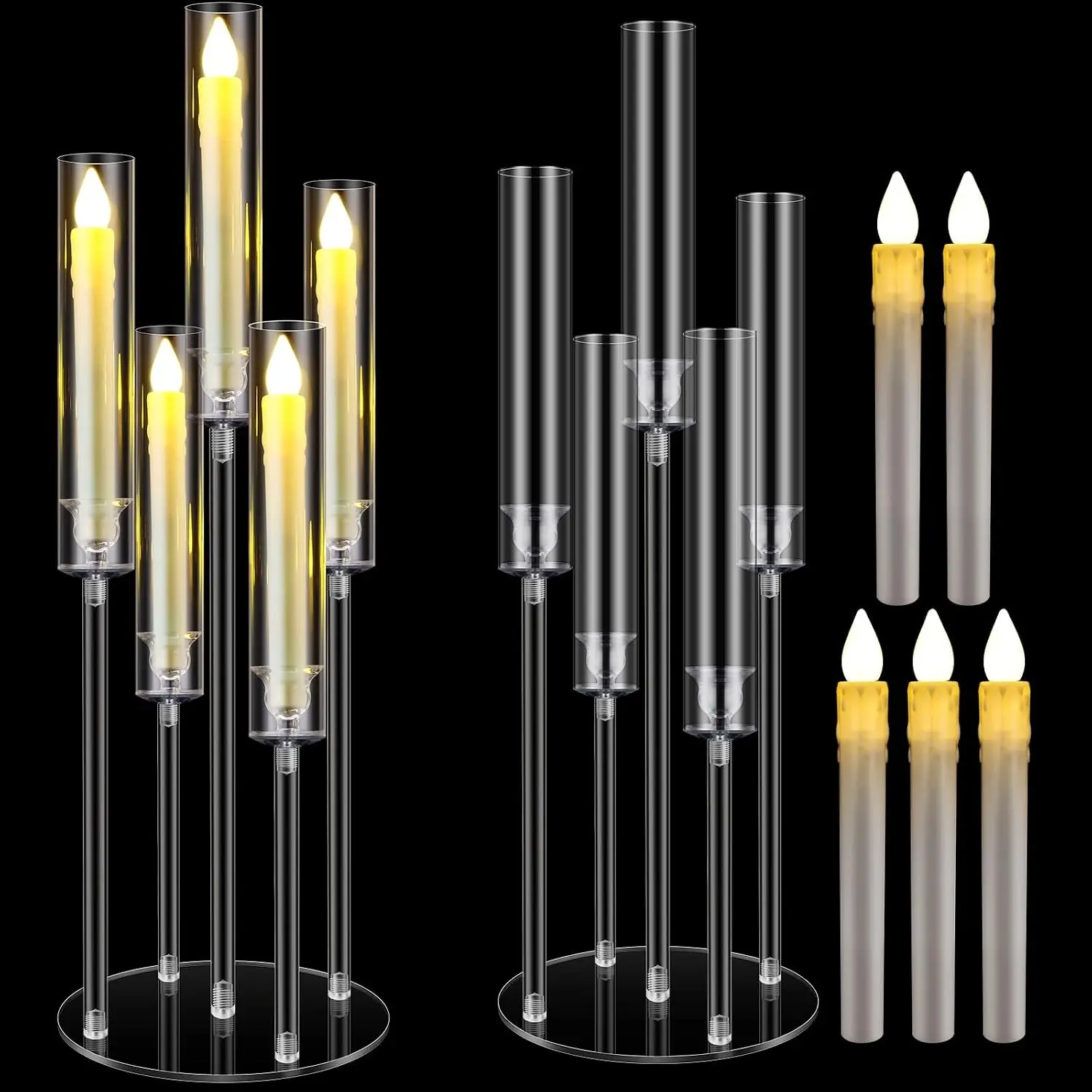FoldTier 1 Set 5 Arm Acrylic Candelabra Holder for Wedding Table Centerpiece 27inch Tall Floor Clear Candle Centerpieces with LED Candles and Shade for Proposal Ceremony Birthday Party Home Decor