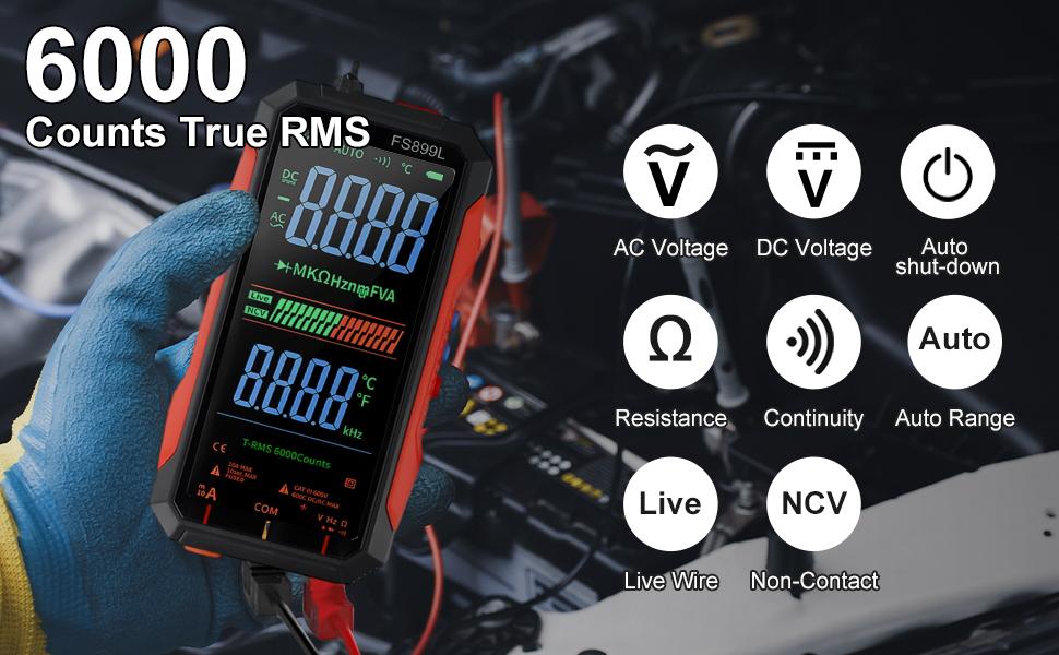 FS899L Multimeter with Color Screen, USB C Testing, 6000 Counts True RMS AC/DC Voltage Tester, NCV, Capacitance, Non Voltage Detector for Car, Home(FS899L)