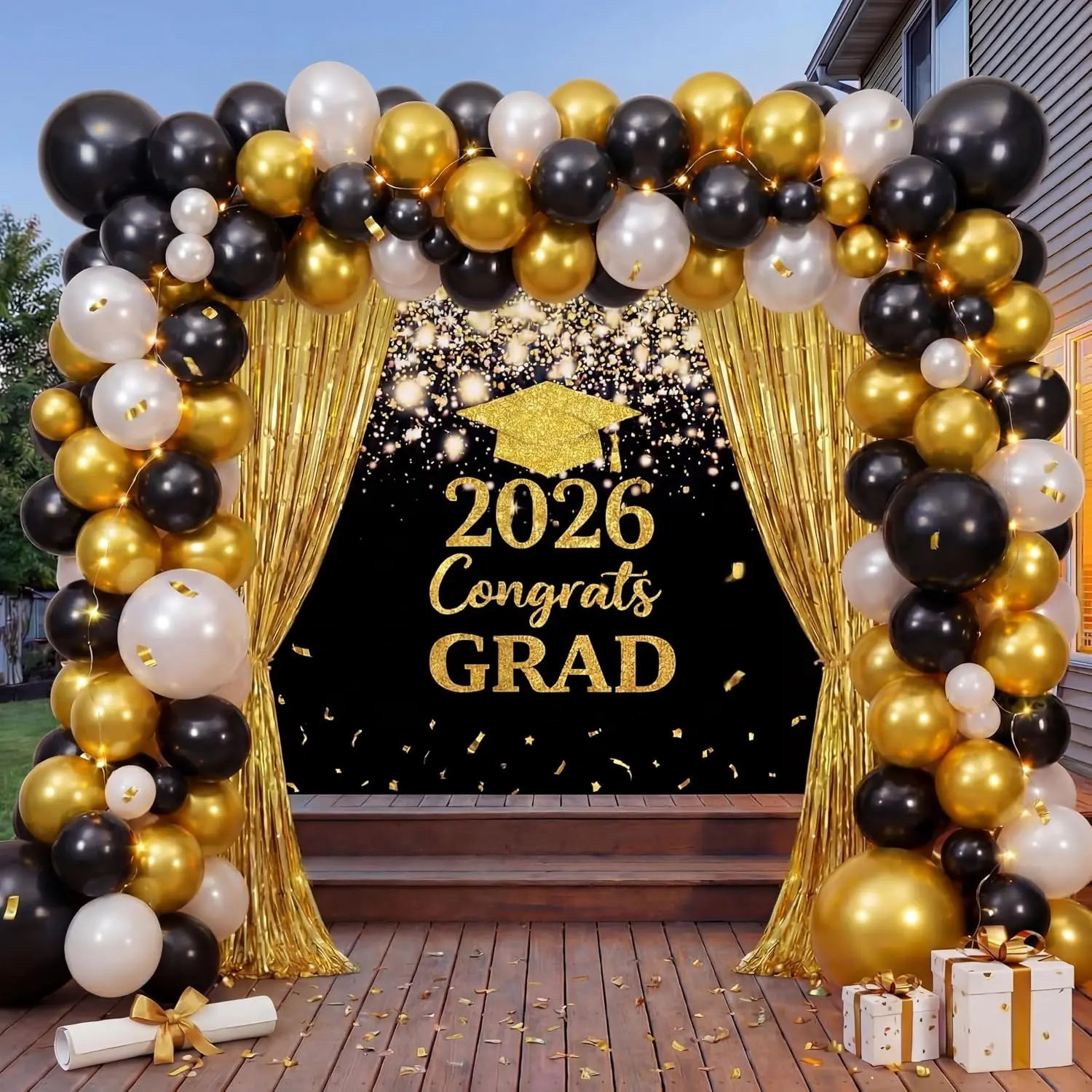 Graduation Party Decorations- Large Outdoor 2026 Graduation Banner with Balloon Arch and  Curtain Backdrop- Black  47x71" Graduate Porch Sign for High School College Party Supplies