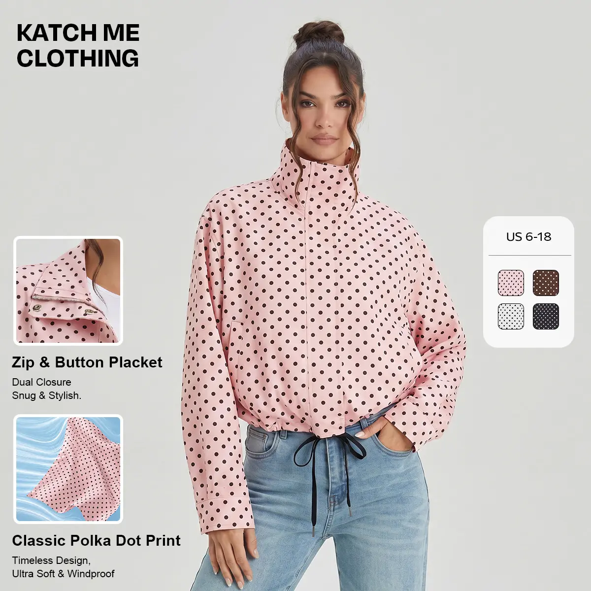 KATCH ME Women's Lightweight Polka Dot Jacket, Loose Fit Windproof Trench Coat with Long Sleeves, Pockets & Stand Collar, Black Polka Dots, Longsleeves, Casual, Polyester, 100% Polyester Women's Casual Jackets, Cold Machine Wash, Cold Wash, Adjustable Hem