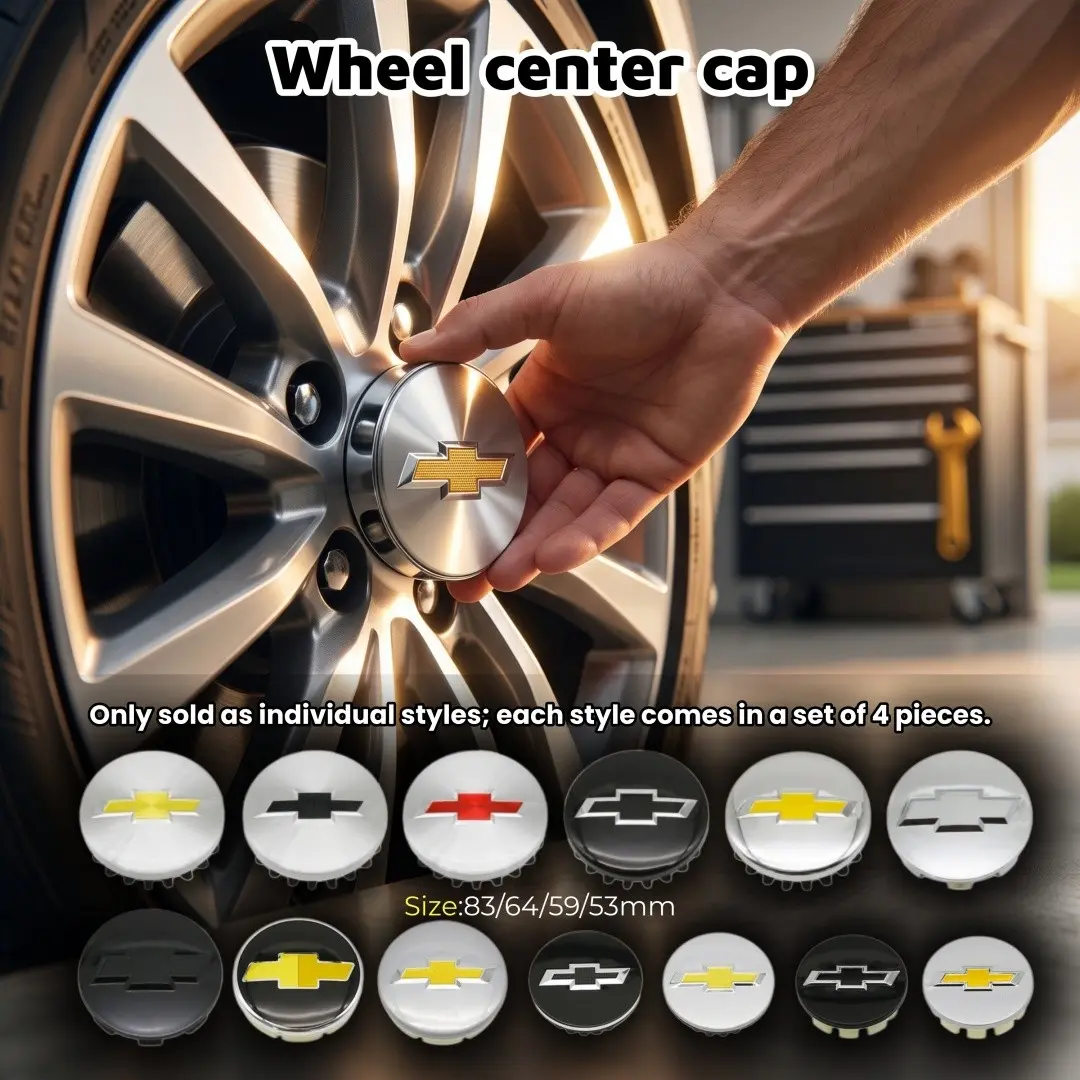 4 Pack ABS clip-on wheel center caps with logo, available in sizes 53/59/64/83mm, compatible with Malibu, Monza, Cruze, Equinox, Trax, Orlando, Blazer and Sail, Car Accessories