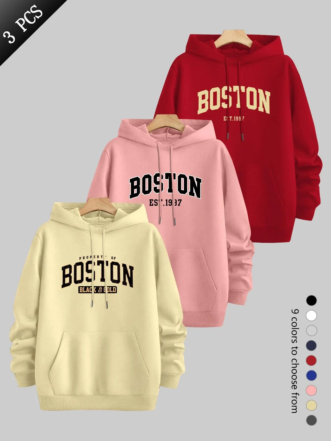 Men's Casual Hooded Sweatshirt, Boston Theme Print, Long Sleeve Slim Fit, Fall & Winter Streetwear, Drawstring Pockets, Three-Piece Set, Menswear