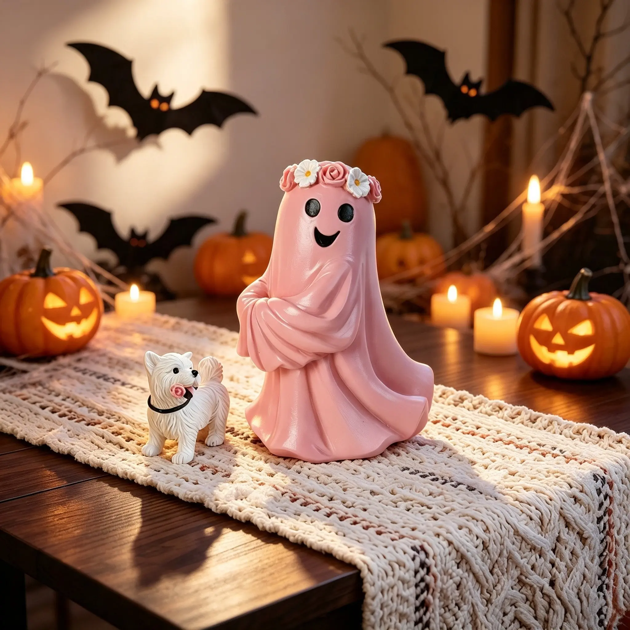 1PC Cute Ghost with Puppy Figurine, Halloween Resin Ornament, Ghost Dog Statue, Home Desktop Holiday Decor Figurine, Decorative Figurine