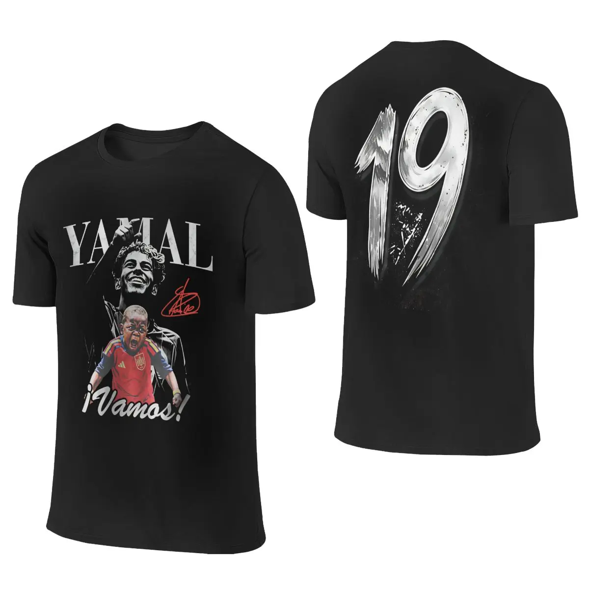Women's Lamine Yamal #19 Spain Soccer Double-Sided Print T-Shirt, Breathable Stretchy Cotton Fabric, Short-Sleeve Casual Top with Hem & Vintage Player Portrait