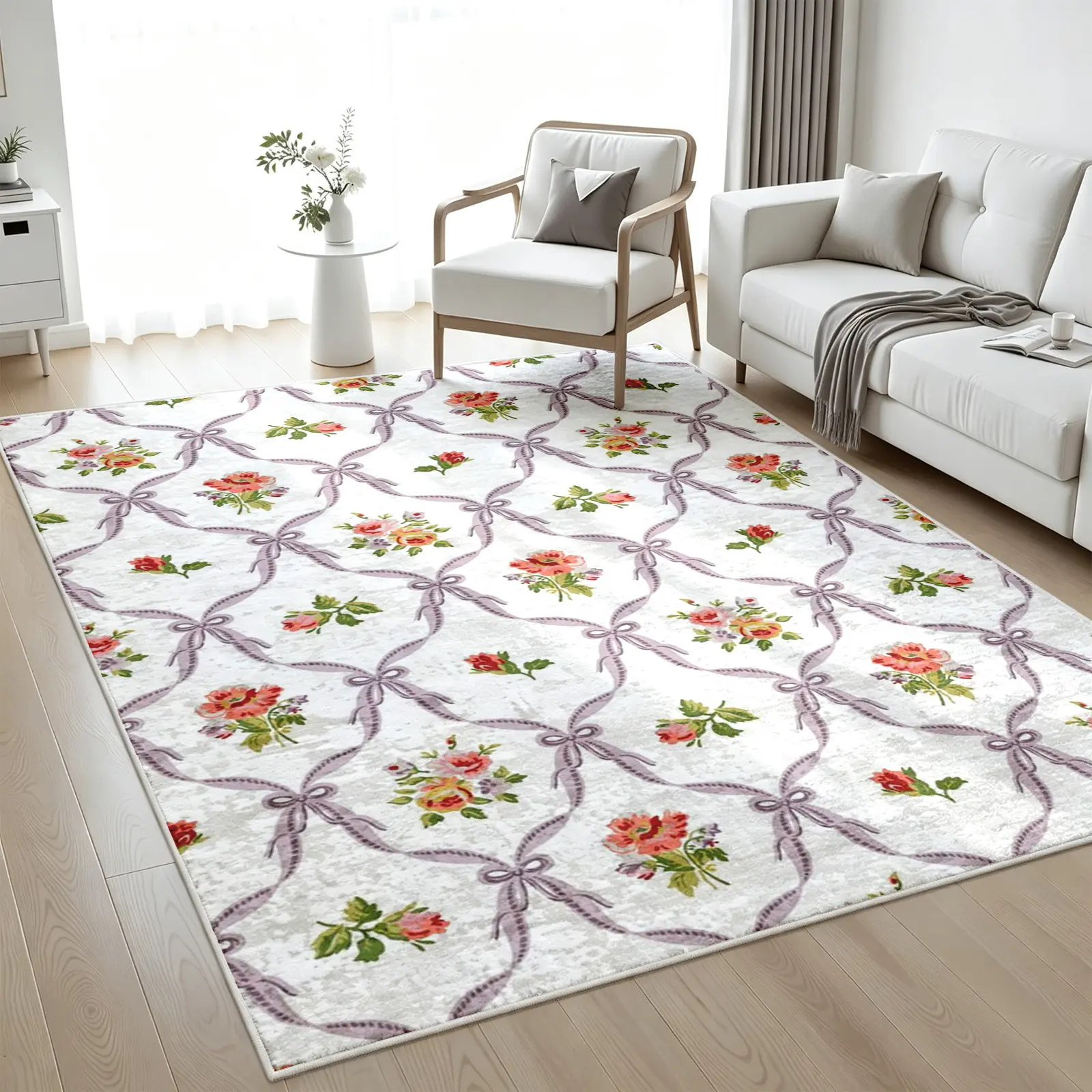 Romantic French Area Rug, Cream Base with Lilac Ribbon Bow Grid, Watercolor Peach & Yellow Rose Bouquets and Leafy Accents, Non-Slip Washable Carpet, Soft Durable Floor Mat, Aesthetic Rugs for Living Room Bedroom Home Decor, 8 x 10 ft Area Rugs