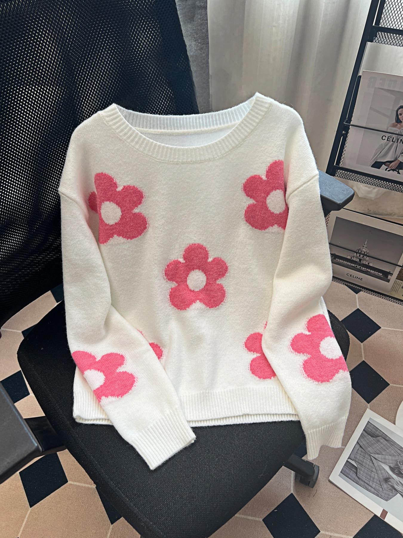 Women's Floral Print Drop Shoulder Sweater, Casual Long Sleeve Round Neck Jumper for Daily Wear, Ladies Knitwear for All Seasons