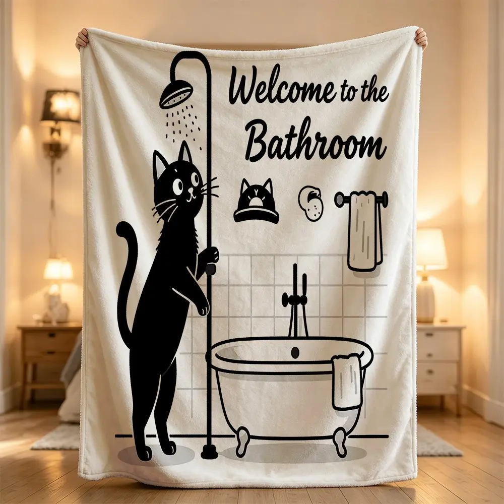 Black cat shower bathroom illustration blanket cozy quirky decor trendy cushioned plush Flannel blanket, sofa leisure blanket, bed blanket, Plush Throw Blanket,Cozy Soft Lightweight Blanket,Boho Decorative Throw Blanket