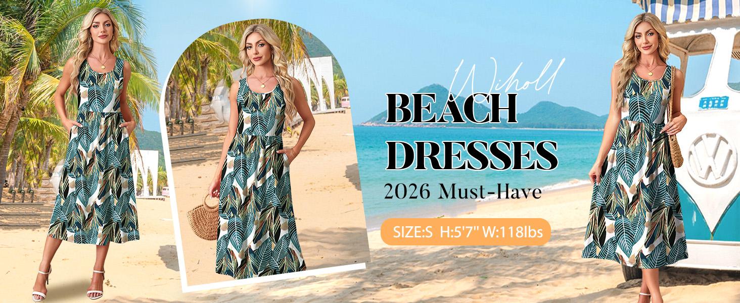 WIHOLL FASHION SwimWeek Summer Dresses for Women Flowy Casual Midi Dress Beach Vacation Sundresses with Pockets Bohemian Womenswear Sleeveless