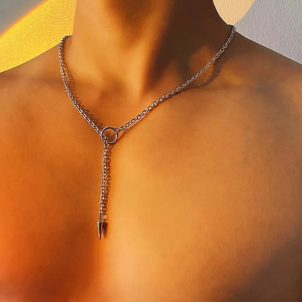 1pc Unisex Minimalist Hip-Hop Crystal Circle Cone Pendant Titanium-201 Stainless Steel Chain Jewelry Necklace, Metal Coating Non-Fading Daily Wear Collarbone Long Chain