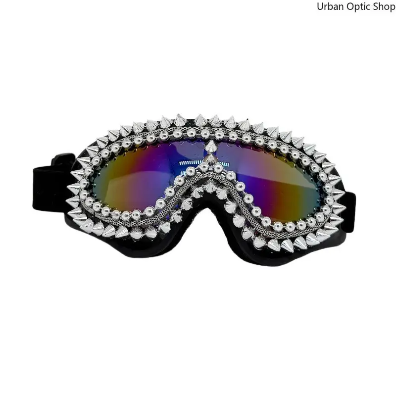 Punk Goth Spiked Goggle Sunglasses - Iridescent Mirror UV400 Lens, Adjustable Strap, Black and Gray Rivets - Funky Unique Fashion Accessories, Punk Accessories for Party Rave Eyewear, Christmas, Polyester, Engagement, Accessory, Glamorous