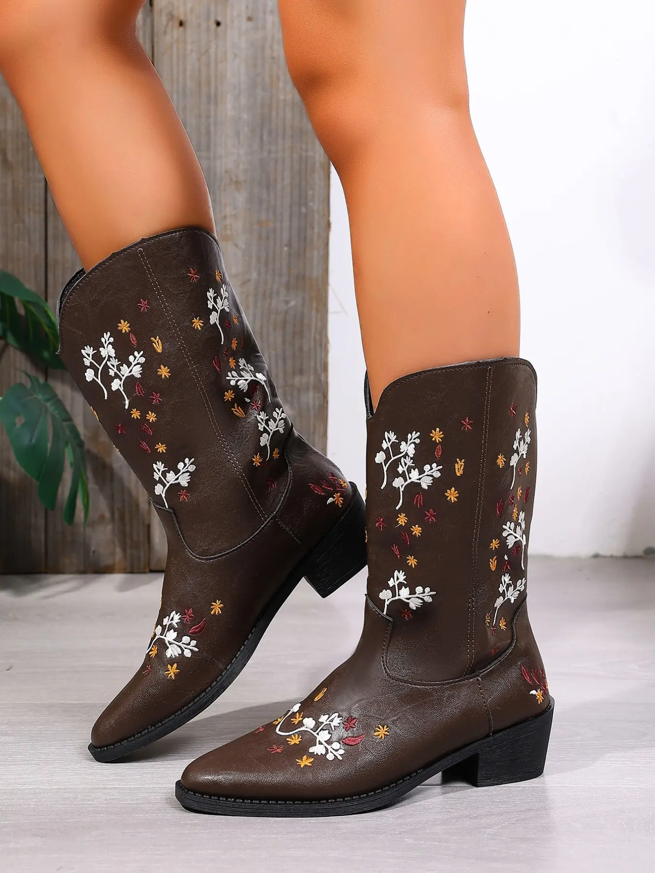 Women's Western Cowboy Boots, Embroidered Floral Design, PU Leather, Chunky Heel, Mid-Calf, Fall & Winter Fashion, Versatile Style