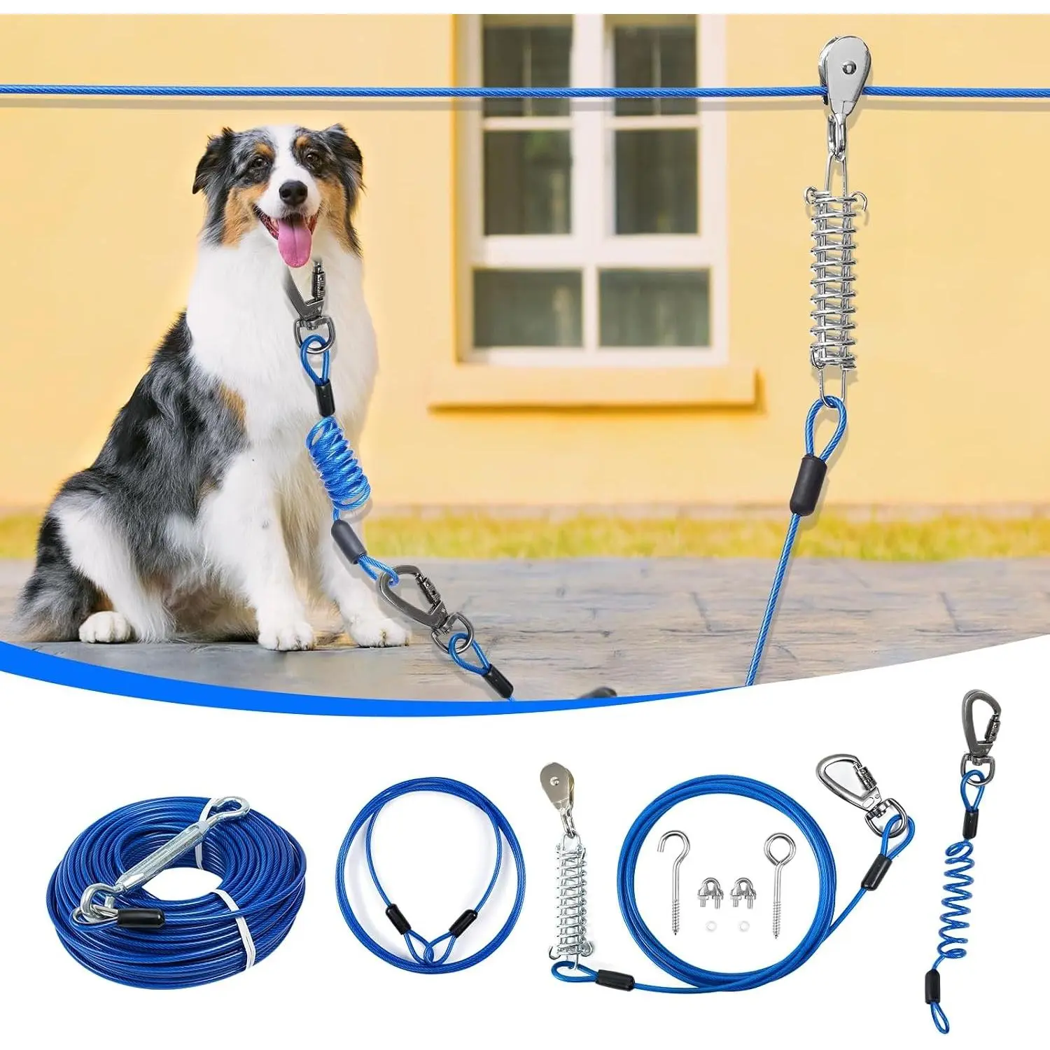 Dog Runner for Yard,Double Shock Absorption Dog Trolley System for Large Dogs,Heavy Duty 50FT Tie Out Run Cable with 10FT Leads,for Dogs Up to 250LBS,Aerial Zipline for Outside,Camping