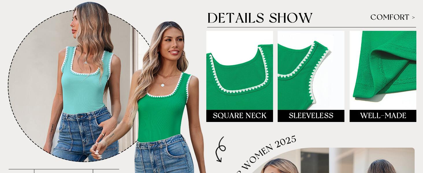 Yousify Women's Square Neck Tank Tops 2025 Summer Sleeveless Shirts Casual Slim Fitted Color Block Ribbed Tanks for Vacation Beach Home Workout Daily Wear