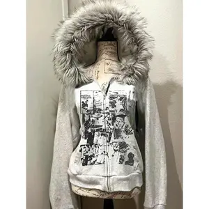Faux Fur American Vintage Coats with Hooded Women's Y2K Sweatshirts Gothic Harajuku Subculture Punk Emo Sweatshirts and Jacket
