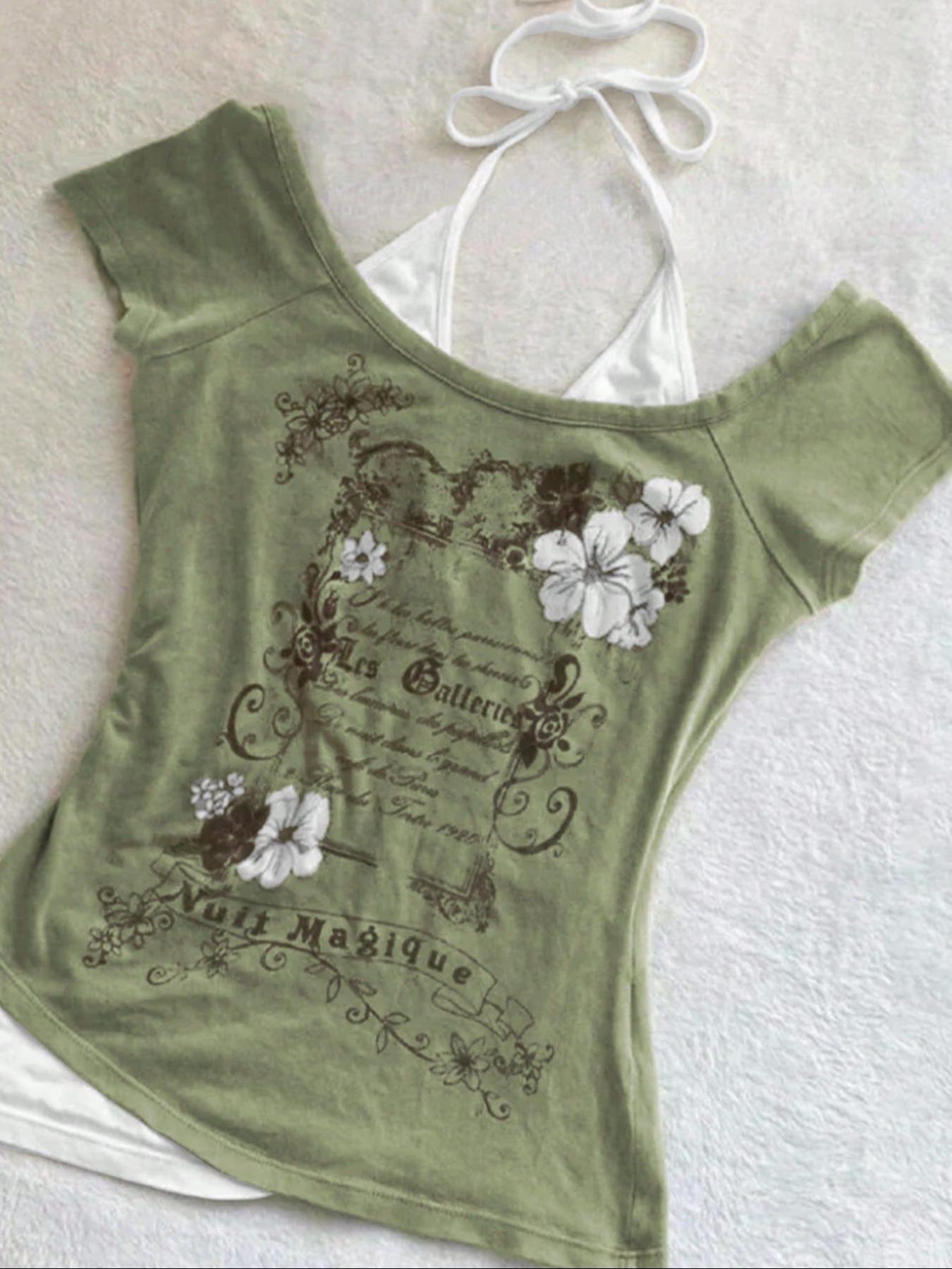 Women's 2 in 1 Floral & Letter Print  Halter Tee, Y2k Casual Top for Summer, Ladies Clothes for Daily Wear