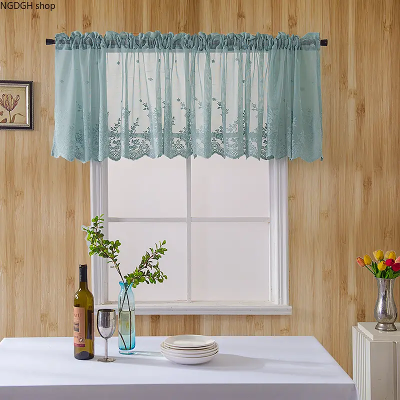 Embroidered Floral Lace Valance - Sheer Short Kitchen Curtain with Lace Trim, Beige/Light Blue/White, Elegant Farmhouse Decor for Cafe Windows, Home Accessory, Room Decor