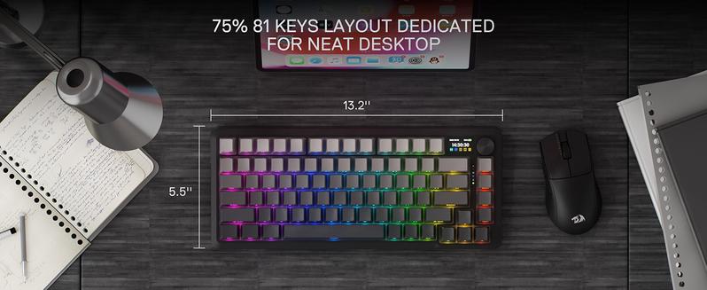 Redragon K724 PRO Wireless Gasket Gaming Keyboard w/Hype 1.14’’ TFT Screen & Knob, 81-Key 75% Mechanical Keyboard, 5-Layer Noise Dampening, Hot-Swap South-Facing RGB Socket, Gradient PBT Keycaps