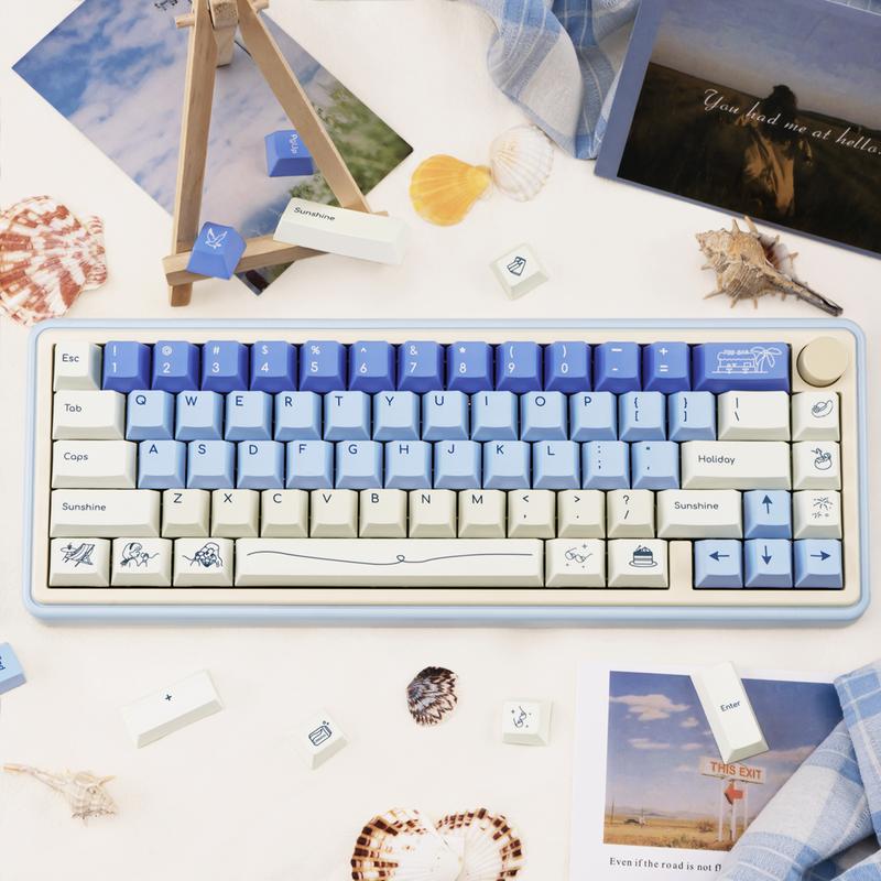 Blue White PBT Keycaps, MOA Profile, Custom Keyboard Keycap, Minimalist Style Dye Sub Keycaps, 130 Keys Anime Keycap Set for Cherry Gateron MX Switches Gaming Keyboard