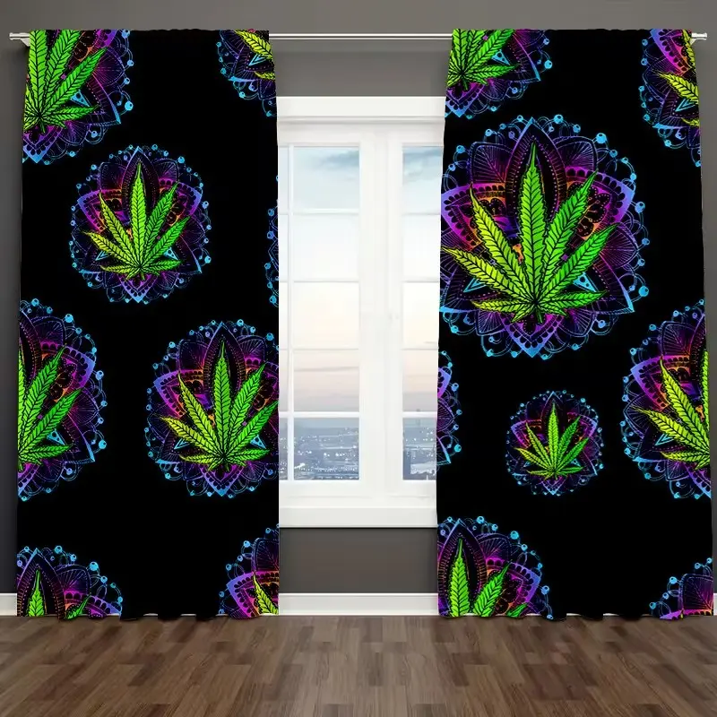 2pcs Mandala Leaf Print Curtains, Rod Pocket Decor Curtains for Bedroom Living Room, Traditional Style, No Ca Prop 65