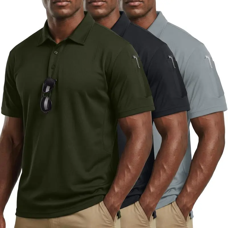 3 PCS Men's Short Sleeve Tactical Performance Polo Shirt, Breathable Pique Jersey, UPF 50+ Sun Protection, Quick Dry Golf Outdoor Work Tops