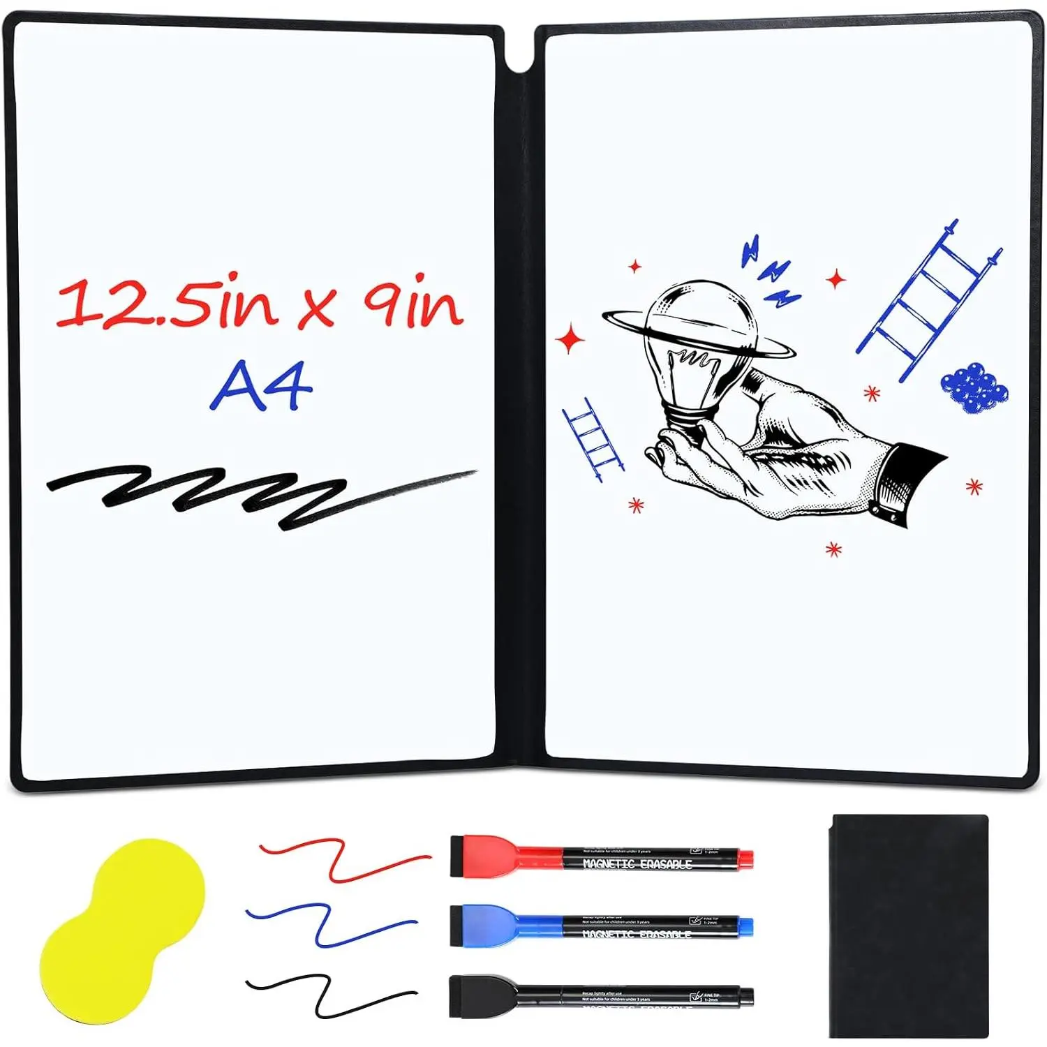 Portable White Board Dry Erase Board 9.4" x 6.7" Small  Folding Double Sided Notebook Memo with Pen Cleaning Cloth Black Desk Accessories for Office School Study Meeting Planning