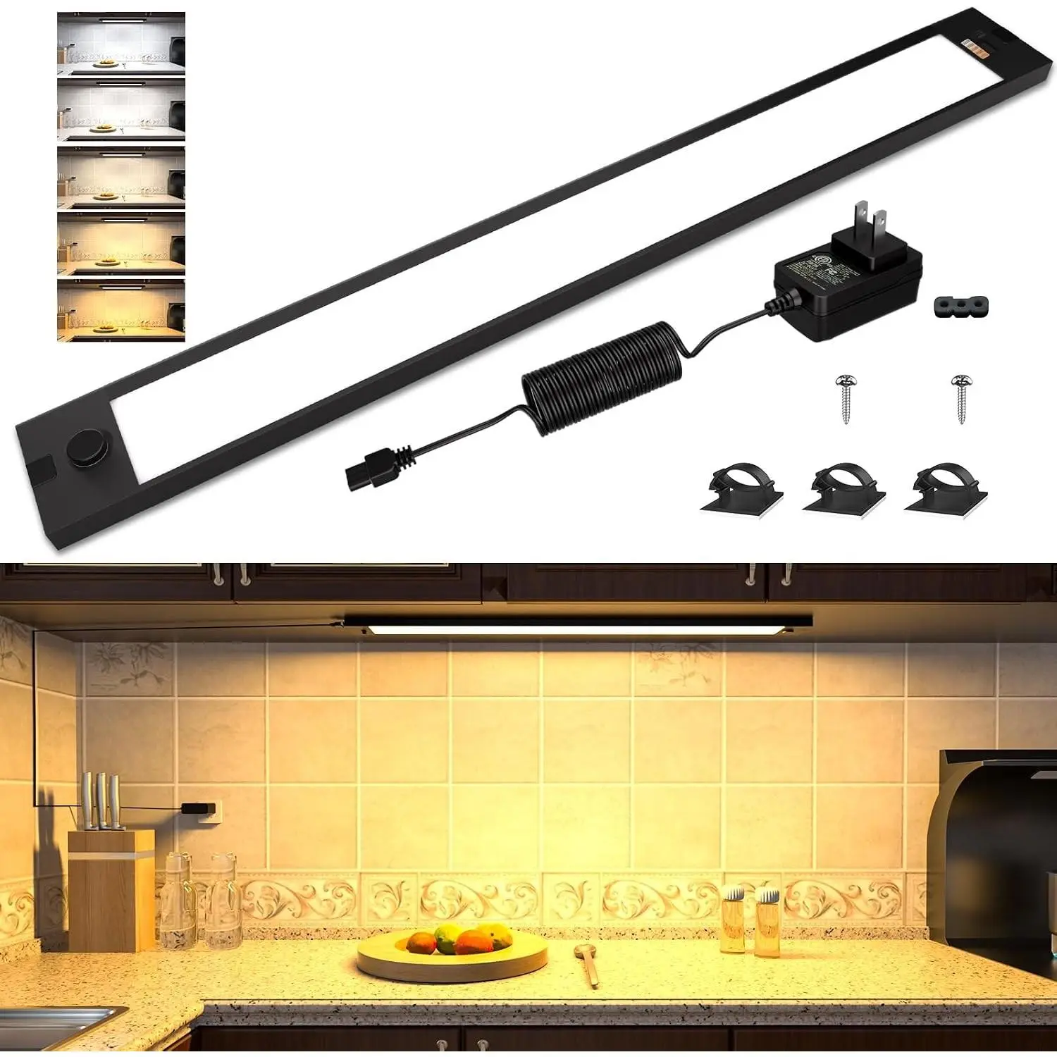 Under Cabinet Lighting, 24 inch Dimmable Counter Lights for Kitchen, Plug in LED Light Bar for Cupboard, Workbench, Shelf, Desk, 5 Color Settings from 2700K-6000K, 1200 LM Super Bright
