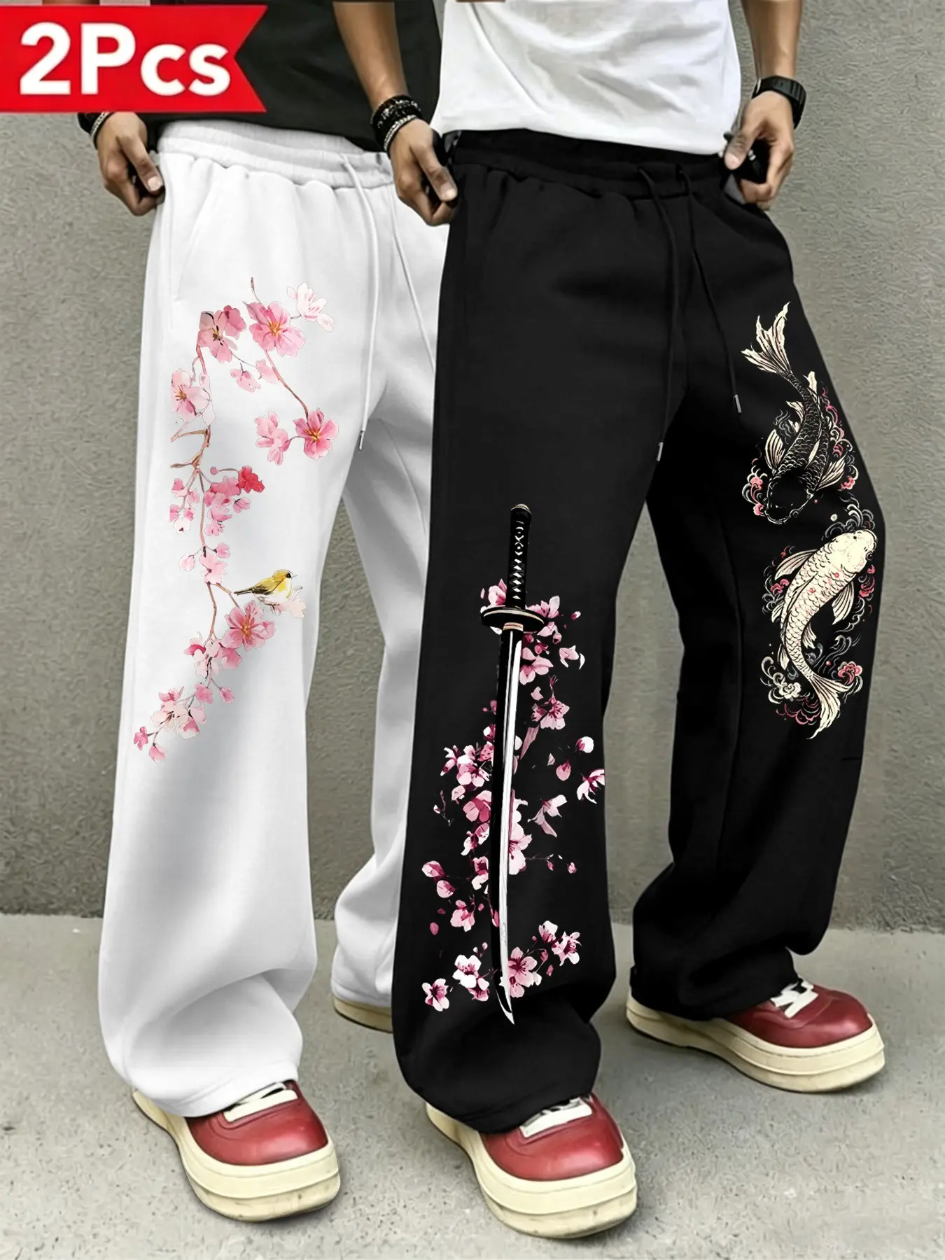 Men's Casual Japanese Samurai Style Wide Leg Pants Set, Cherry Blossom and Koi Fish Floral Print, Y2K Street Fashion Loose Long Trousers