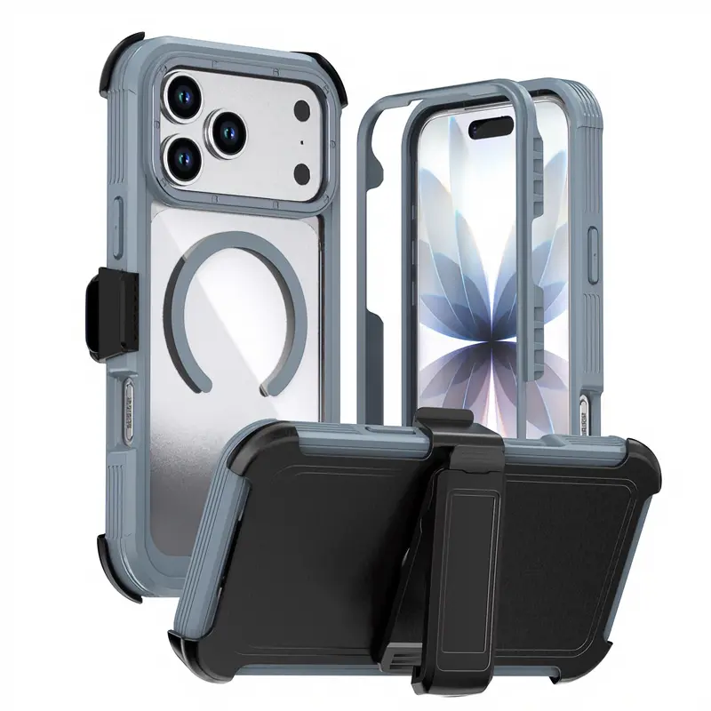 Military-Grade Water-Resistant PC+TPU 3-Proof Magnetic Phone Case with Back Clip Stand, Waist Clip, 4-Corner Drop Protection for iPhone 17/16/15/14/13 Pro Max (Solid Colors, Ideal for Outdoor Activities)