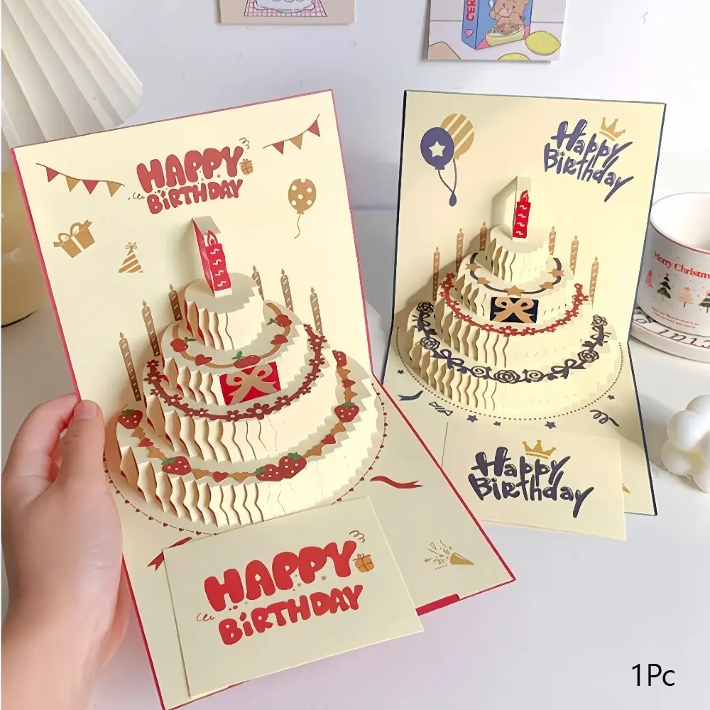 3D Happy Birthday Card Christmas Gift Card Birthday Cake Pop-Up Greeting with Envelope Christmas Invitation Cards