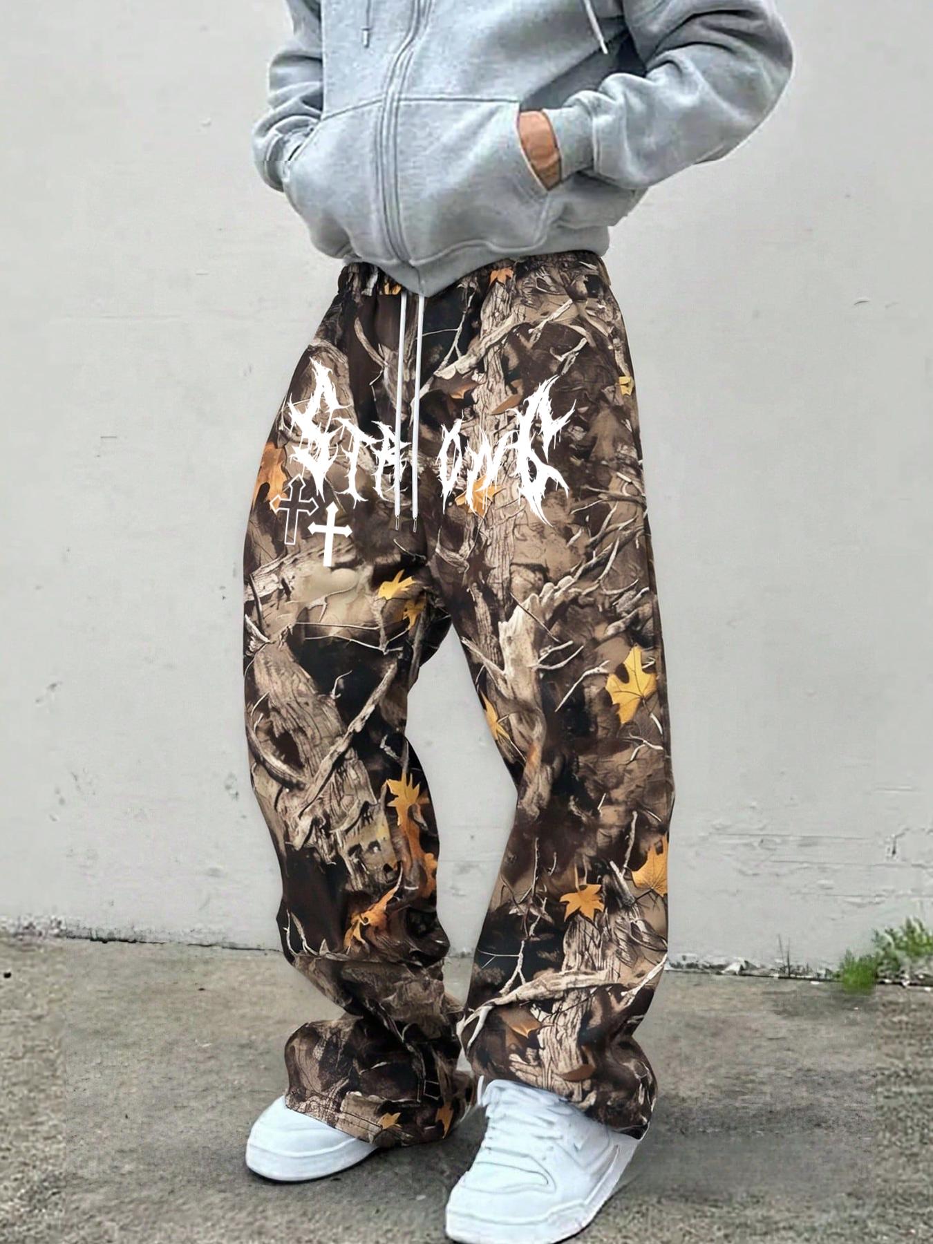 Men's Tree Branch Camouflage & Camouflage Loose-Fit Knit Pants, Y2K Style Summer Streetwear, Retro Hip Hop Fashion