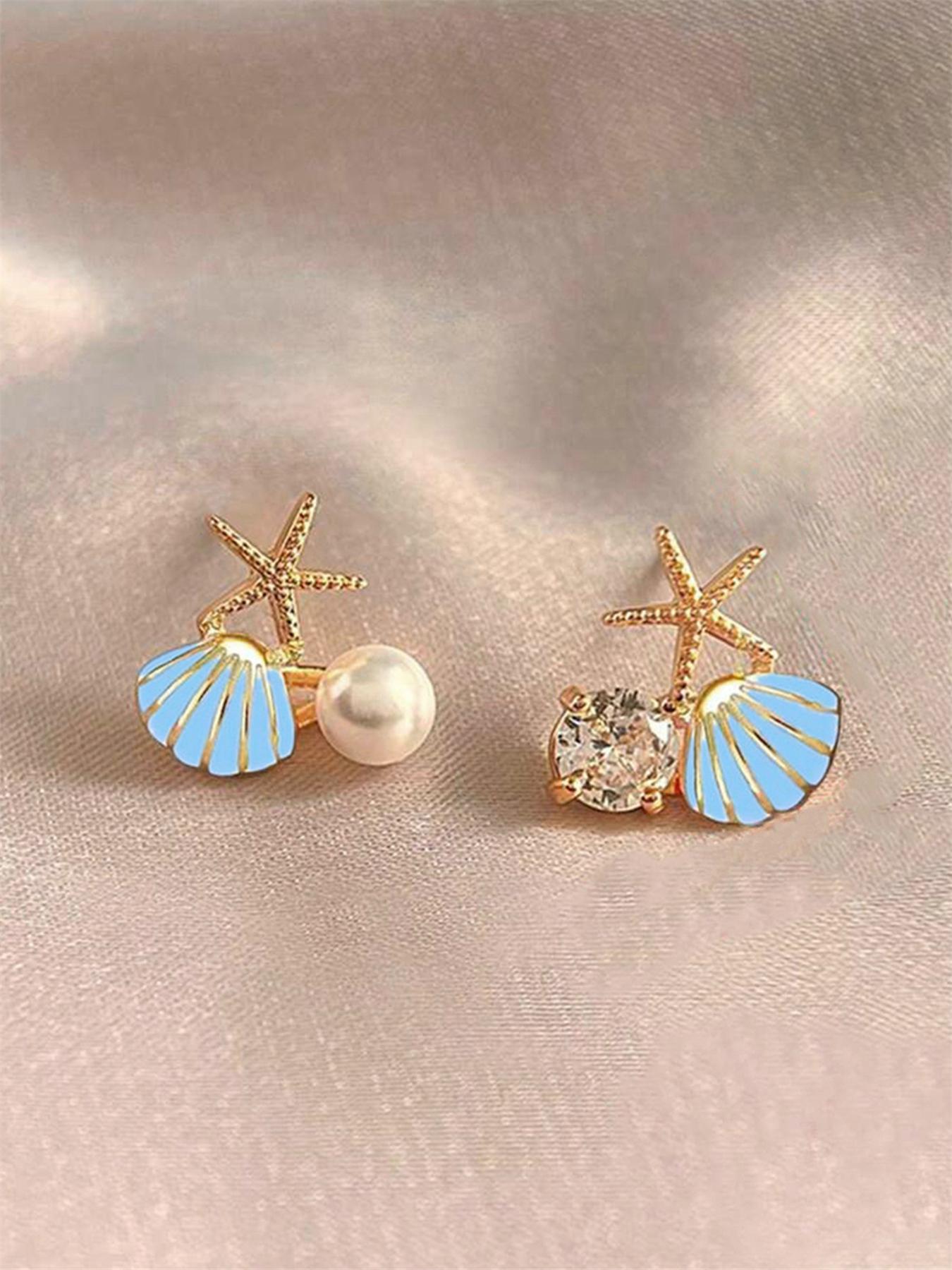 Faux Pearl Decor Shell & Starfish Design Stud Earrings, Elegant Stud Earrings for Women & Girls, Trendy All-match & Exquisite Jewelry for Birthday Gift, Ear Studs