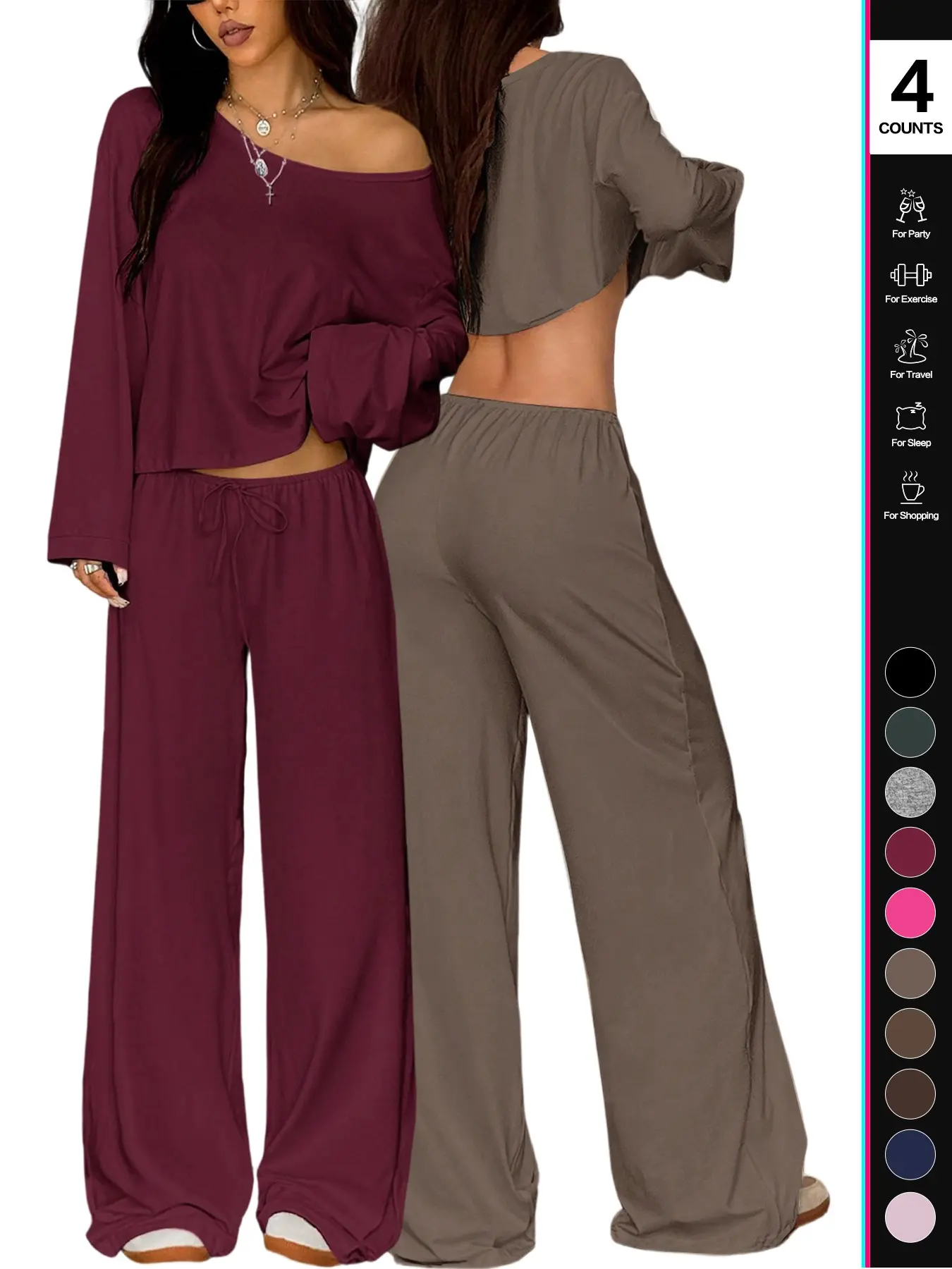 2 Piece Loungewear Set, Bbuttery Soft Fabric, Ultra Comfy Sleepwear, Pajama Set, Loose Oversized Fit, off Shoulder Long Sleeve Matching Suit