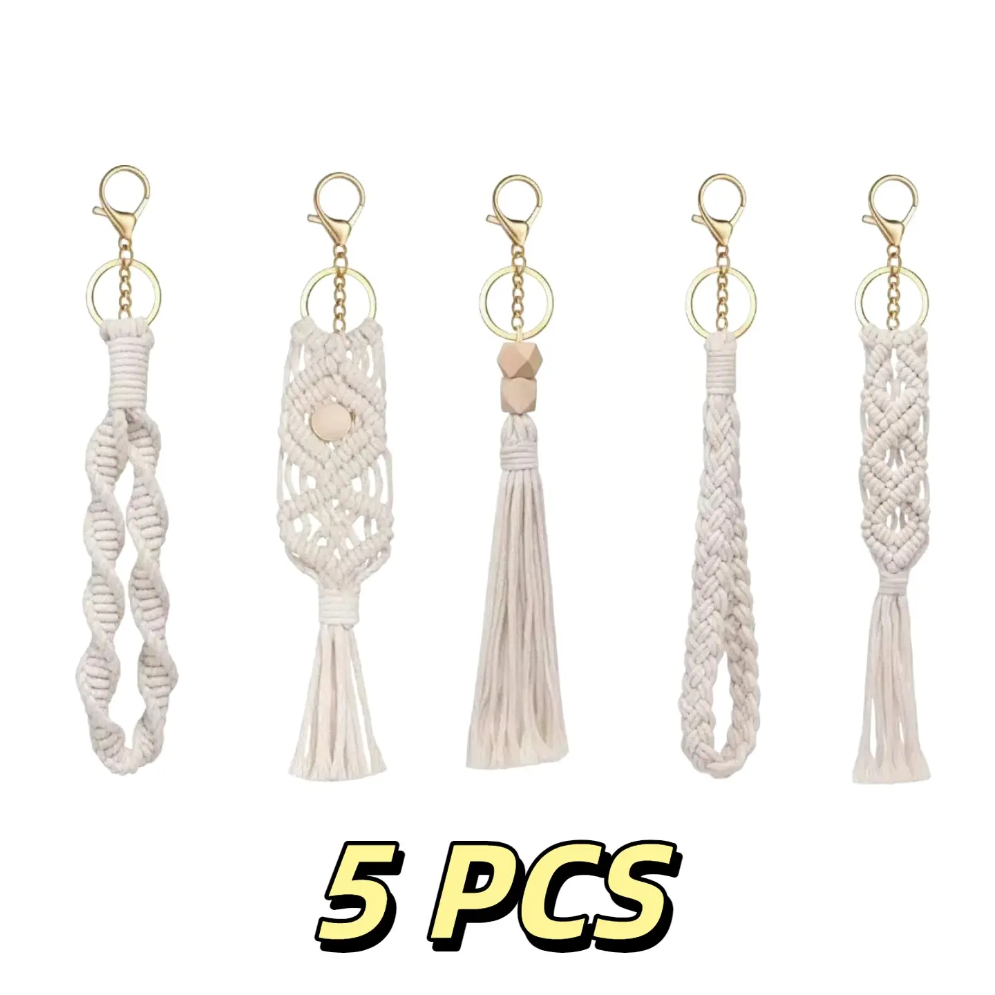 5pcs Boho Macrame Keychains Bulk Mini Cute Handcrafted Tassel Keychain Macrame Bag Charms Aesthetic Decor with Tassel for Women Car Key Purse Phone Wallet Party Supplies, Beige