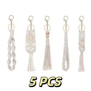 5pcs Boho Macrame Keychains Bulk Mini Cute Handcrafted Tassel Keychain Macrame Bag Charms Aesthetic Decor with Tassel for Women Car Key Purse Phone Wallet Party Supplies, Beige