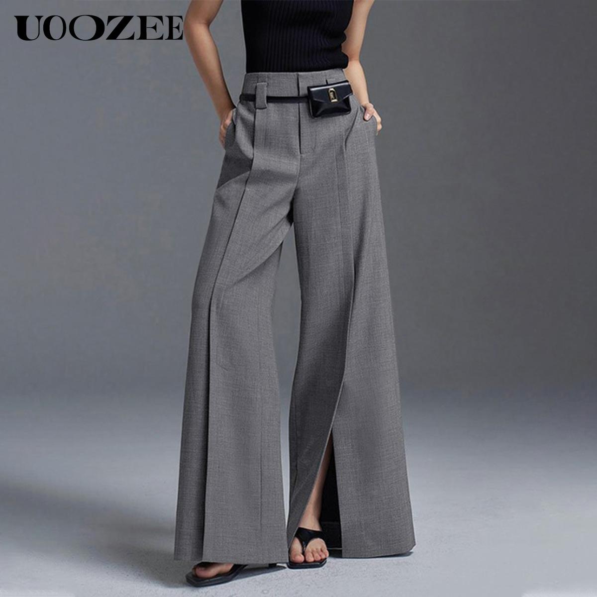 UOOZEE Women's Loose Wide Pants High-Waisted Pleated Split-Front Pants Trousers No belt Bottom Fitted Womenswear Basic pants women work outfits women interview outfits baggy pants