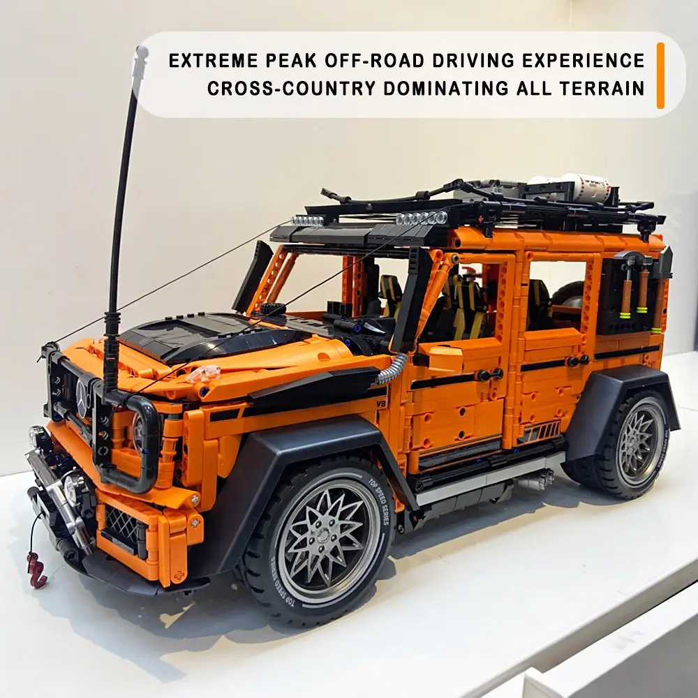 GULY 1:8 Scale Gloss Electroplated Off-Road Widebody Vehicle Building Blocks Model Orange Square Body All-Terrain Adventure SUV With Roof Rack High Difficulty Adult Collectible Desktop Display Gifts