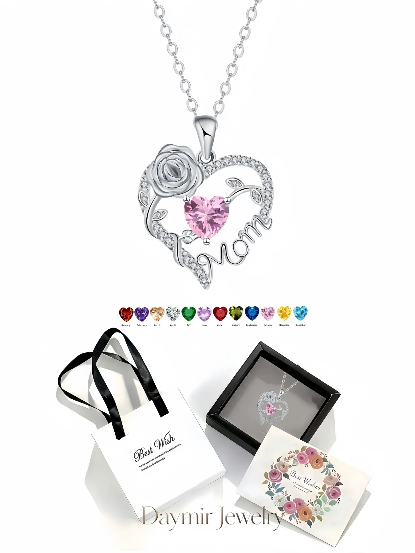 Diamond Shadow Rose · Motherly Heart Necklace, heart-shaped Mom rose gem pendant with twelve birthstone styles for women. Comes with an exquisite drawer jewelry box, perfect gifts for birthdays, Mother’s Day, Valentine’s Day, Christmas and anniversaries.