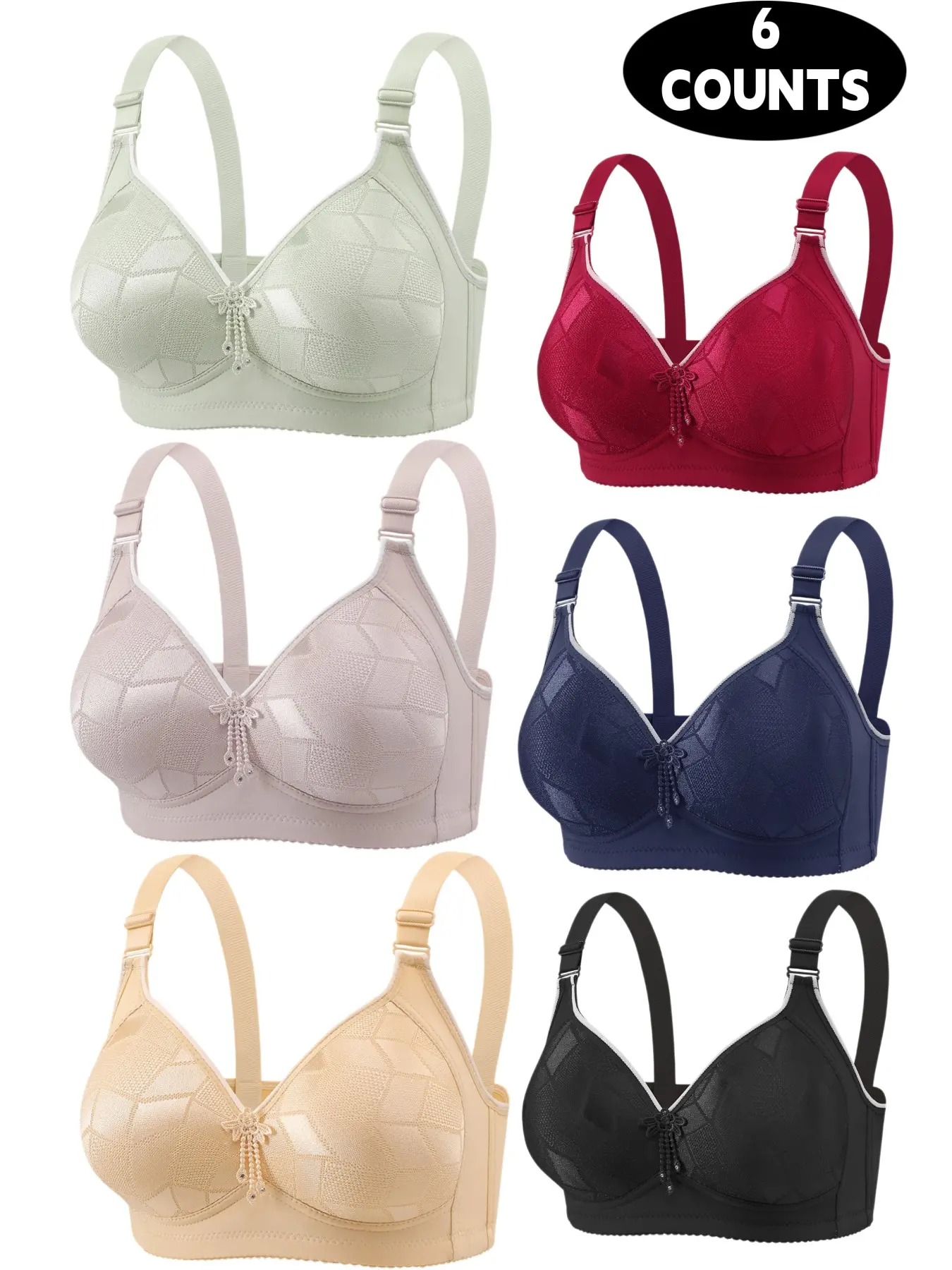 6-Pack Wireless Push-Up Bras, Seamless Comfort Fit, Daily Wear Underwear, Breathable Soft Fabric, Full Coverage Max Support