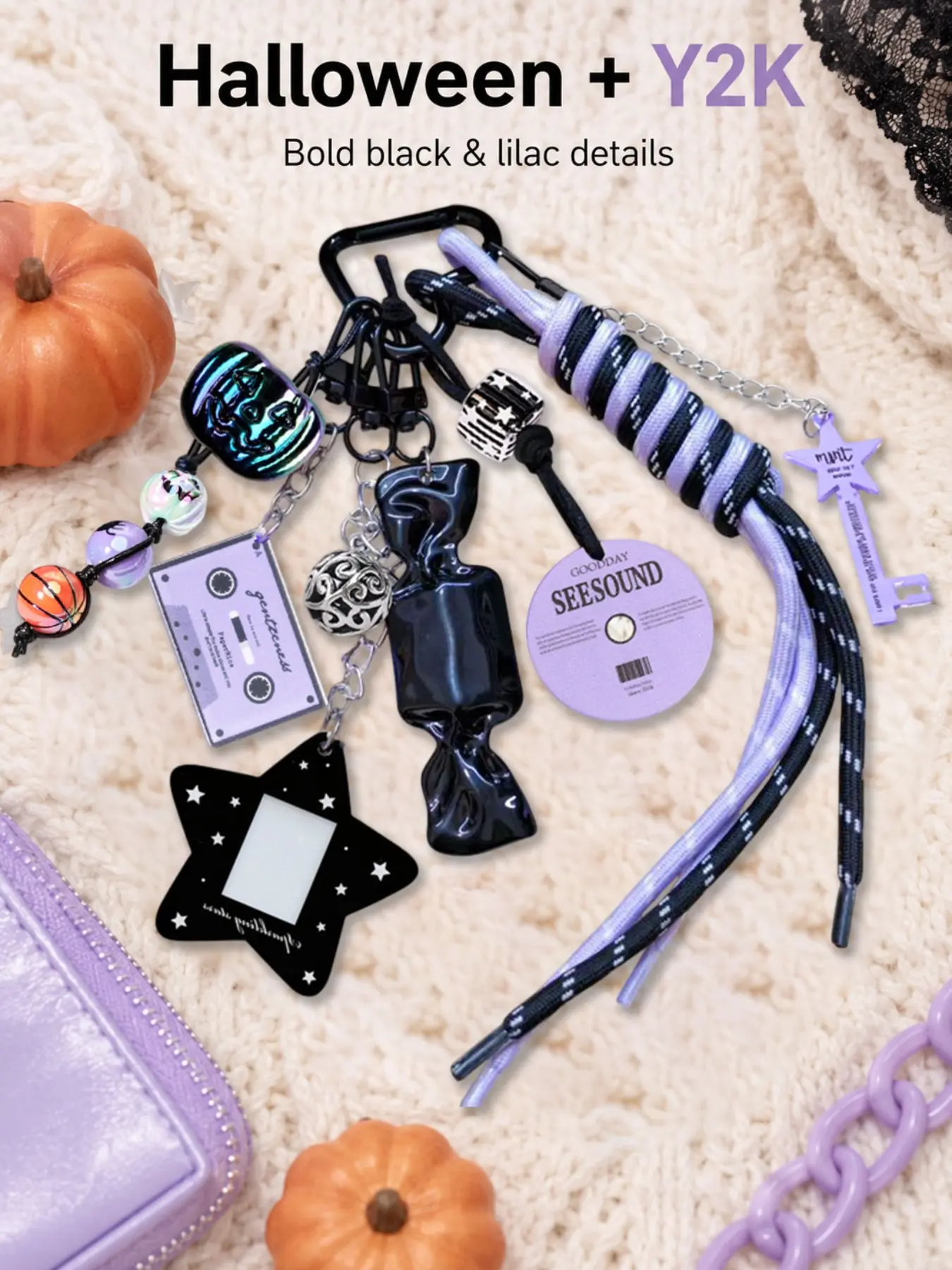 Y2K Grunge Multi-Element Halloween & Music Bag Charms Keychain Set-Pumpkin Bead String Charm+Candy+Star Photocard Holder Key Chain+Cassette Tape/CD Disc Pendant+Star Wand Keys Charm+Woven Rope Tassel Keyring Detachable DIY Backpack Purse Bag Accessories